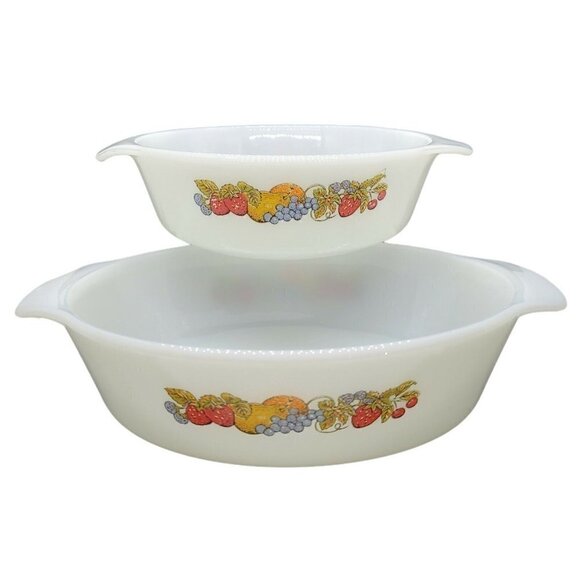 2 Vintage Anchor Hocking Fire King Casserole Dish Nature's Bounty Fruit Pattern - Picture 1 of 10